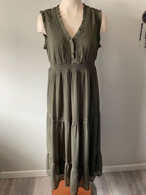 Christina B Boho Ruffled Cottagecore Dress Tiered Olive Green Crinkle Crepe